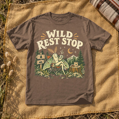 Wild Rest Stop Camping Moth Graphic Tee on Espresso Premium Tee