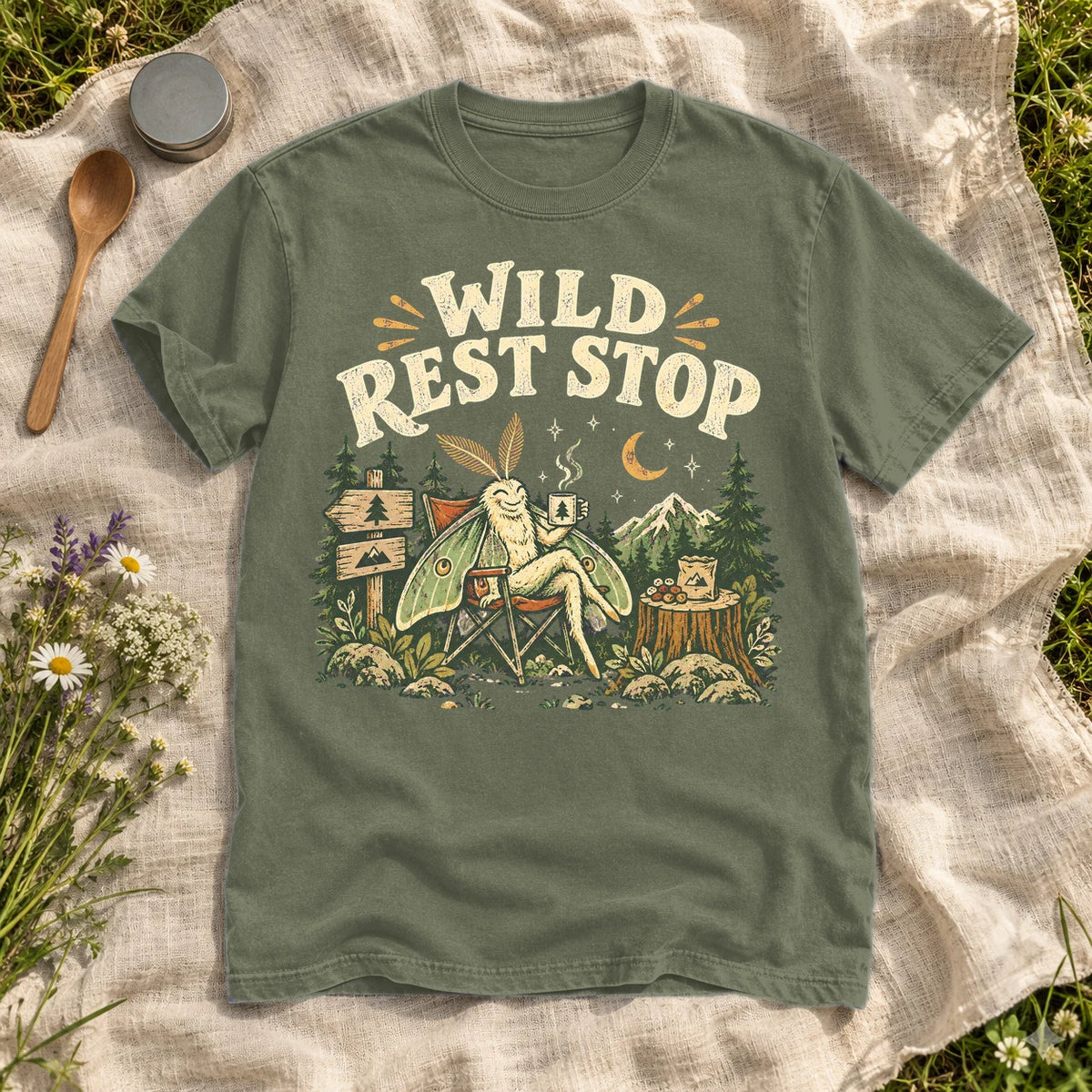 Wild Rest Stop Camping Moth Graphic Tee on Moss Premium Tee