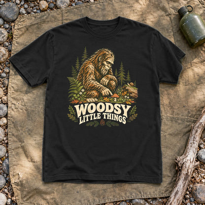 Woodsy Little Things Bigfoot Graphic Tee on Black Everyday Soft Tee