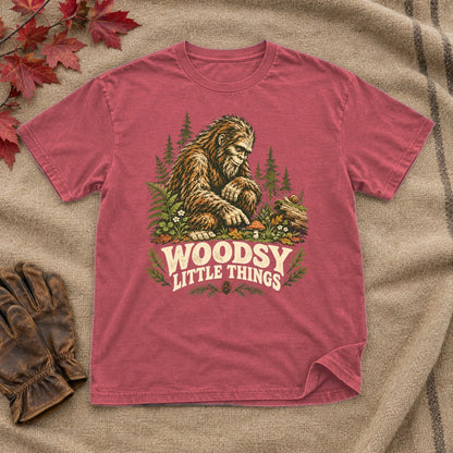 Woodsy Little Things Bigfoot Graphic Tee on Heather Red Everyday Soft Tee