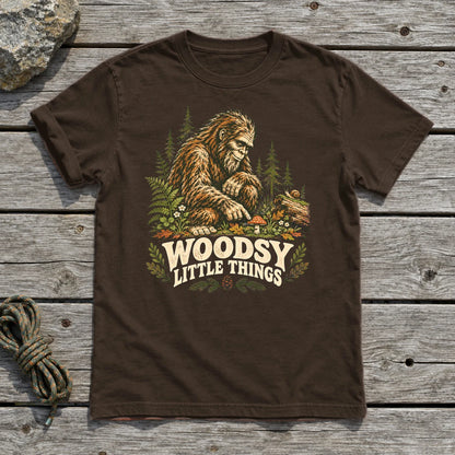 Woodsy Little Things Bigfoot Graphic Tee on Dark Chocolate Everyday Soft Tee