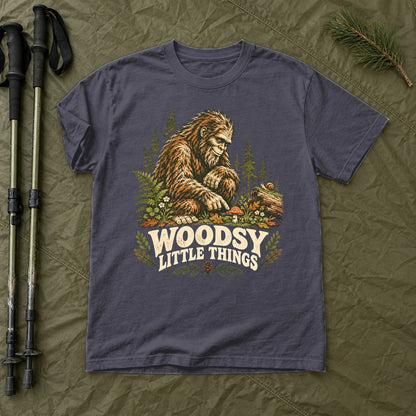 Woodsy Little Things Bigfoot Graphic Tee on Navy Premium Tee