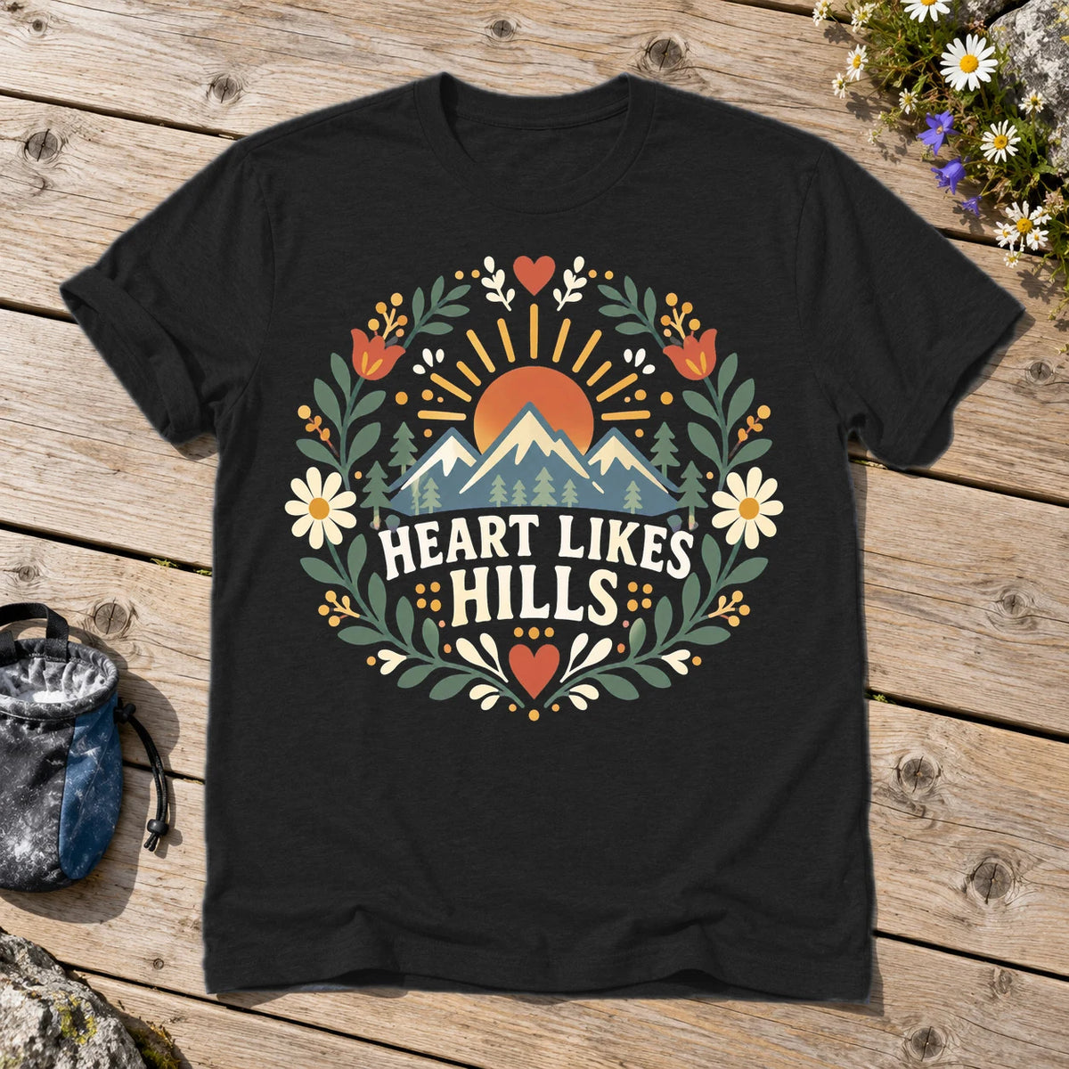 Heart Likes Hills Mountain Folk Graphic Tee on Black Everyday Soft Tee