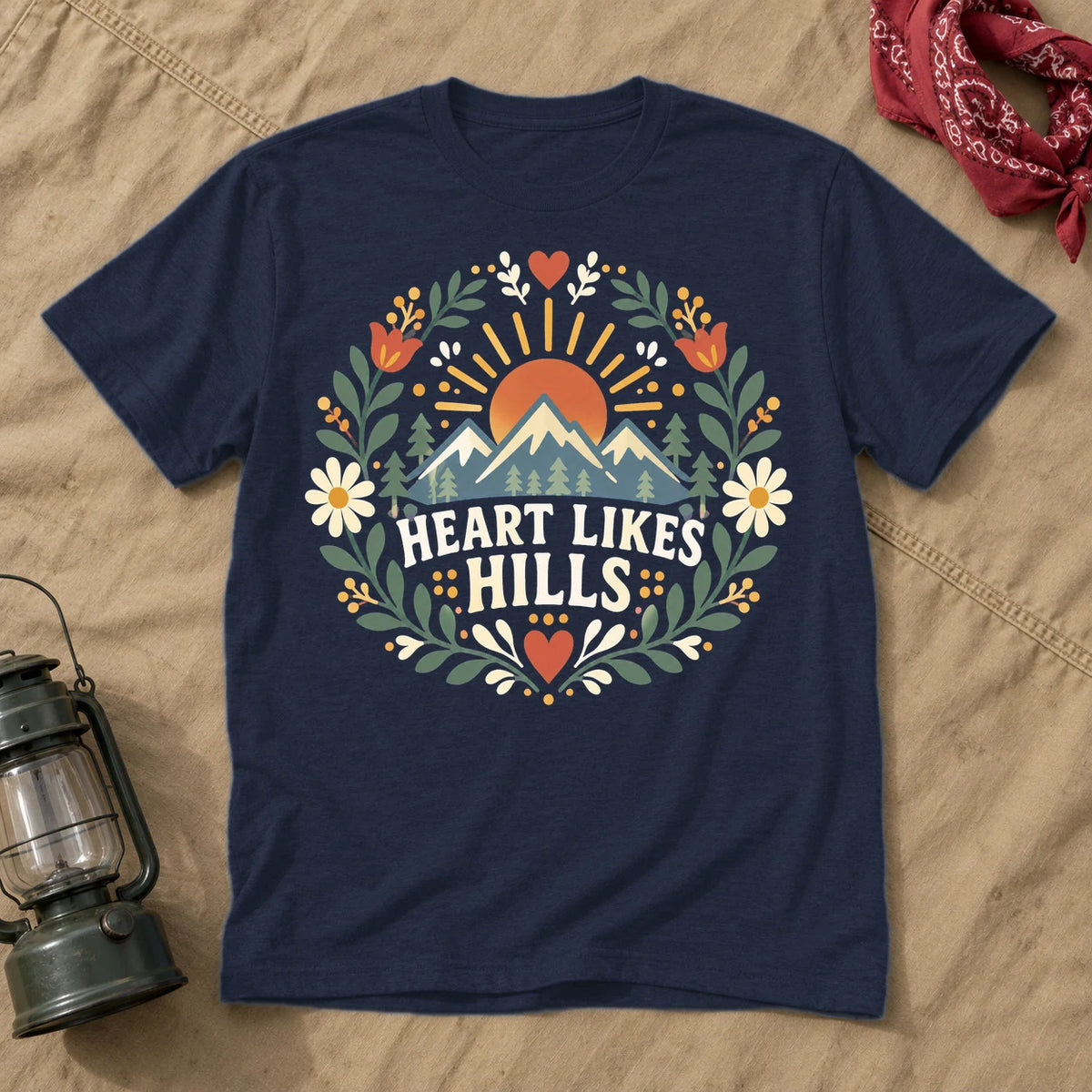 Heart Likes Hills Mountain Folk Graphic Tee on Navy Everyday Soft Tee
