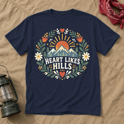 Heart Likes Hills Mountain Folk Graphic Tee on Navy Everyday Soft Tee