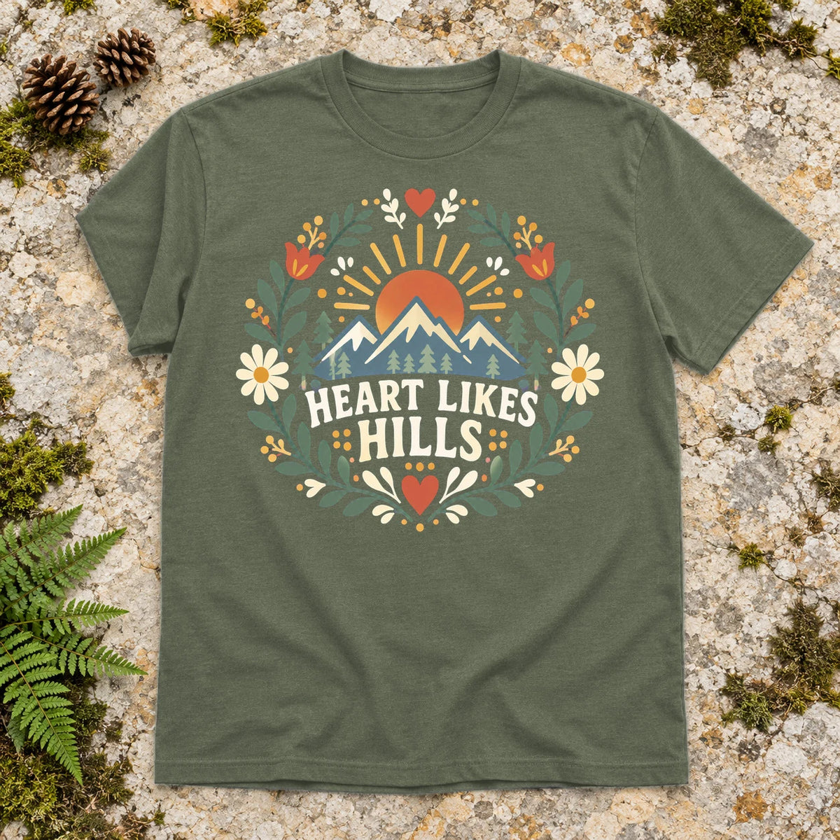 Heart Likes Hills Mountain Folk Graphic Tee on Military Green Everyday Soft Tee