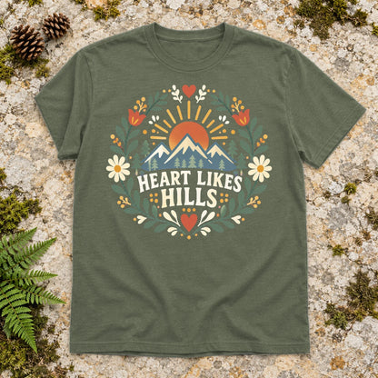 Heart Likes Hills Mountain Folk Graphic Tee on Military Green Everyday Soft Tee