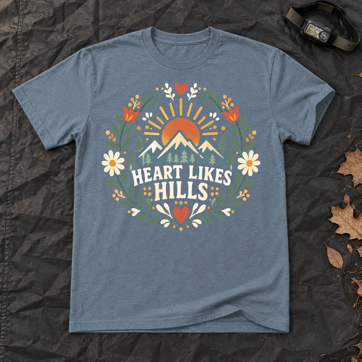 Heart Likes Hills Mountain Folk Graphic Tee on Heather Indigo Everyday Soft Tee