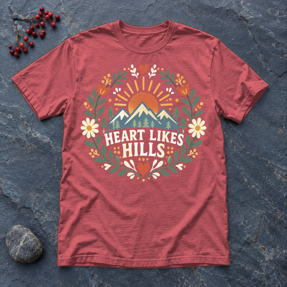 Heart Likes Hills Mountain Folk Graphic Tee on Heather Red Everyday Soft Tee