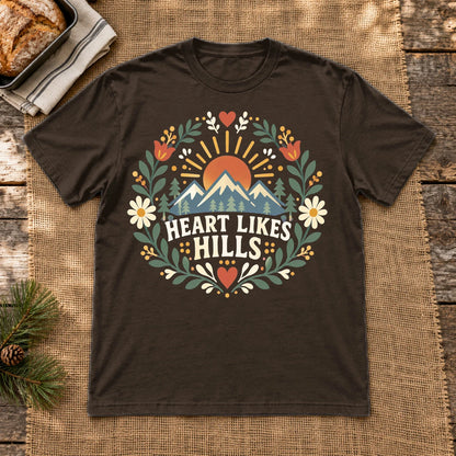 Heart Likes Hills Mountain Folk Graphic Tee on Dark Chocolate Everyday Soft Tee