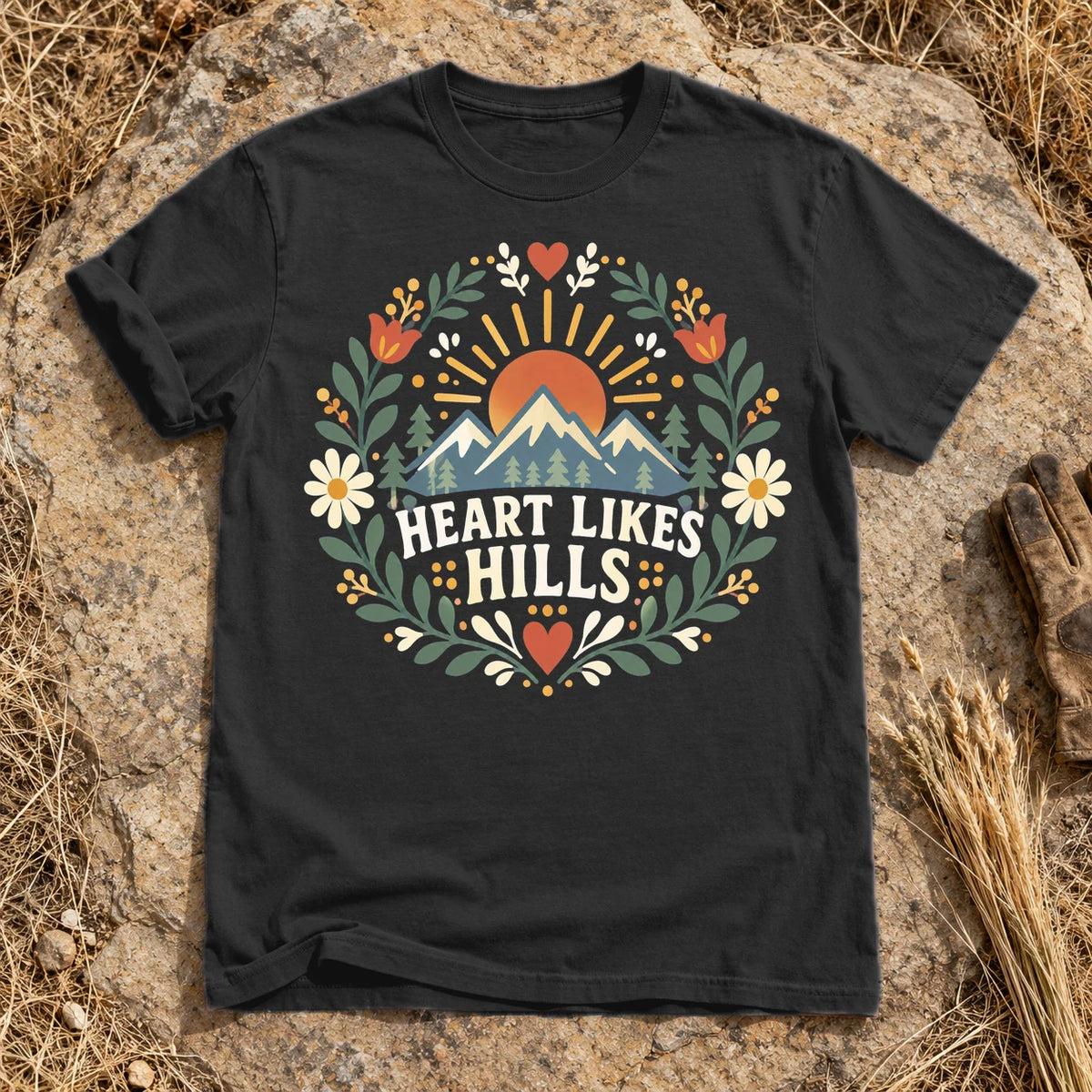 Heart Likes Hills Mountain Folk Graphic Tee on Black Premium Tee