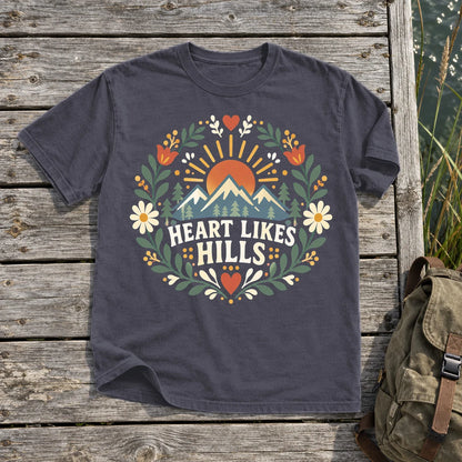Heart Likes Hills Mountain Folk Graphic Tee on Navy Premium Tee