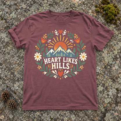 Heart Likes Hills Mountain Folk Graphic Tee on Brick Premium Tee