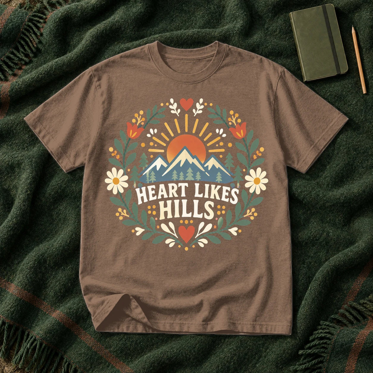 Heart Likes Hills Mountain Folk Graphic Tee on Espresso Premium Tee
