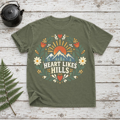 Heart Likes Hills Mountain Folk Graphic Tee on Moss Premium Tee