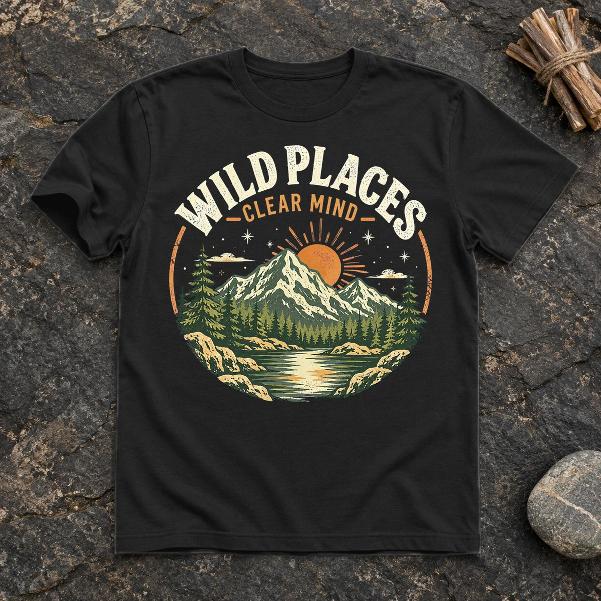 Wild Places Clear Mind Mountain Graphic Tee on Black Everyday Soft Tee
