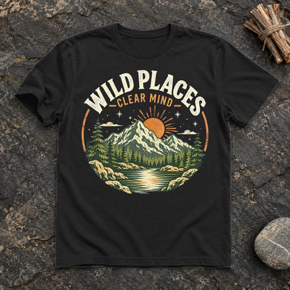 Wild Places Clear Mind Mountain Graphic Tee on Black Everyday Soft Tee