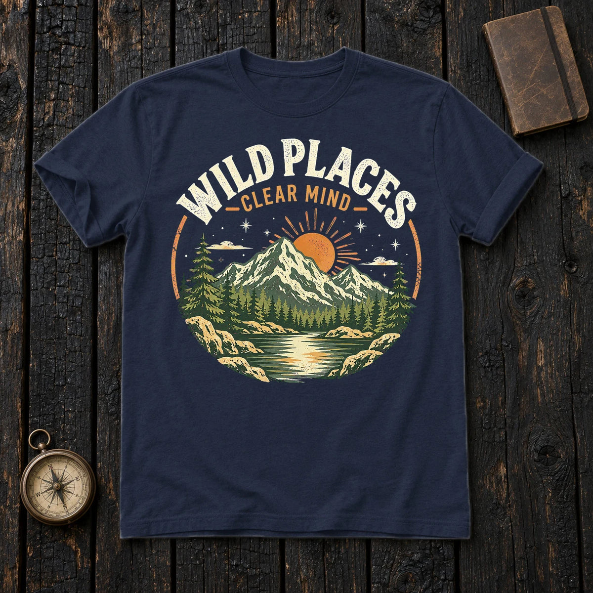 Wild Places Clear Mind Mountain Graphic Tee on Navy Everyday Soft Tee