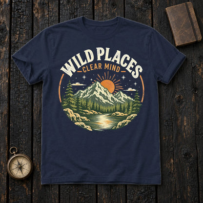 Wild Places Clear Mind Mountain Graphic Tee on Navy Everyday Soft Tee