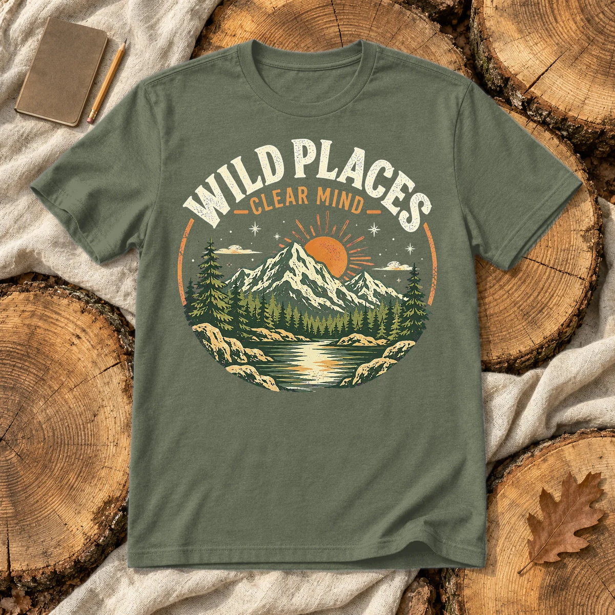 Wild Places Clear Mind Mountain Graphic Tee on Military Green Everyday Soft Tee