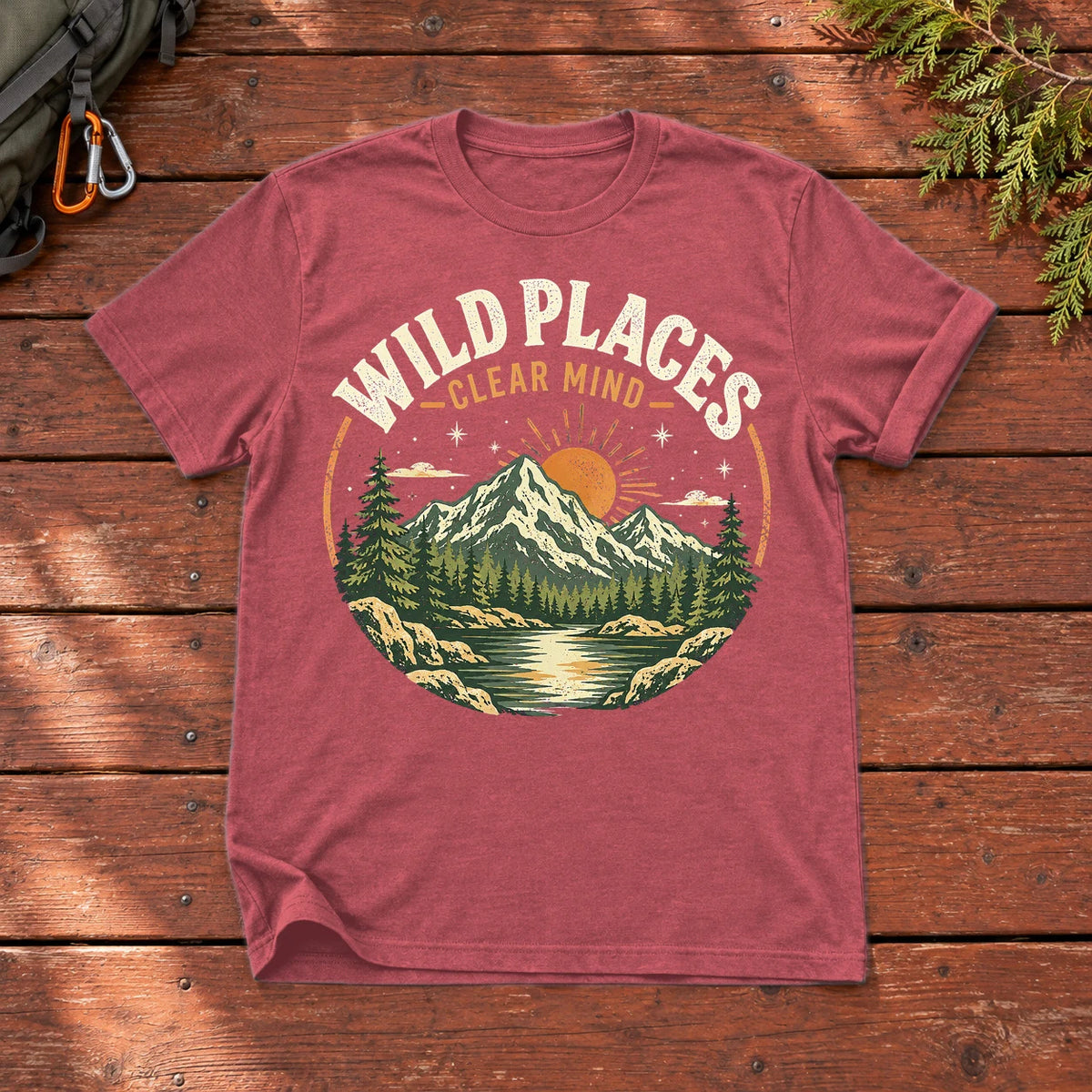 Wild Places Clear Mind Mountain Graphic Tee on Heather Red Everyday Soft Tee