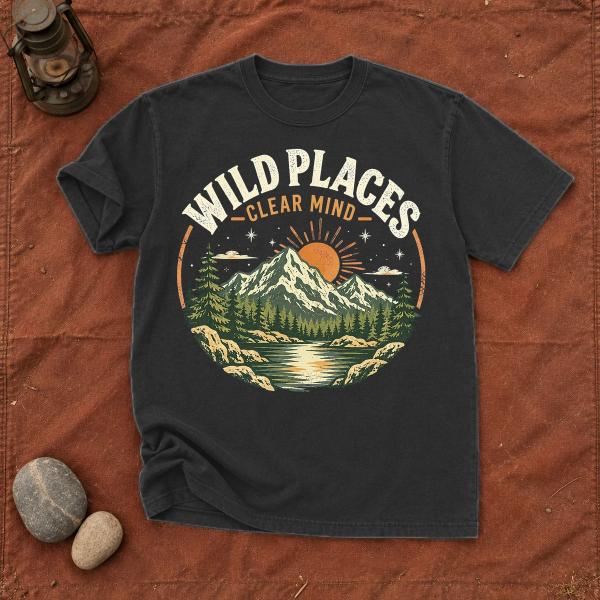 Wild Places Clear Mind Mountain Graphic Tee on Black Premium Tee