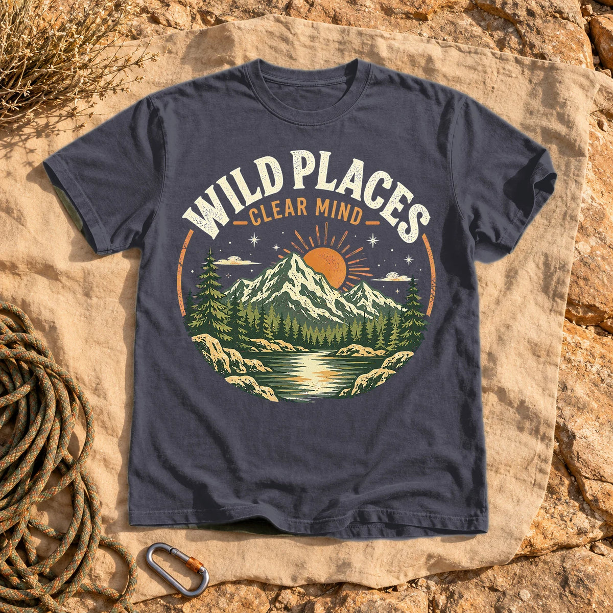 Wild Places Clear Mind Mountain Graphic Tee on Navy Premium Tee