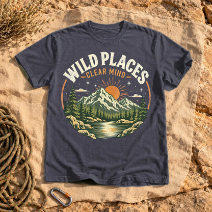 Wild Places Clear Mind Mountain Graphic Tee on Navy Premium Tee