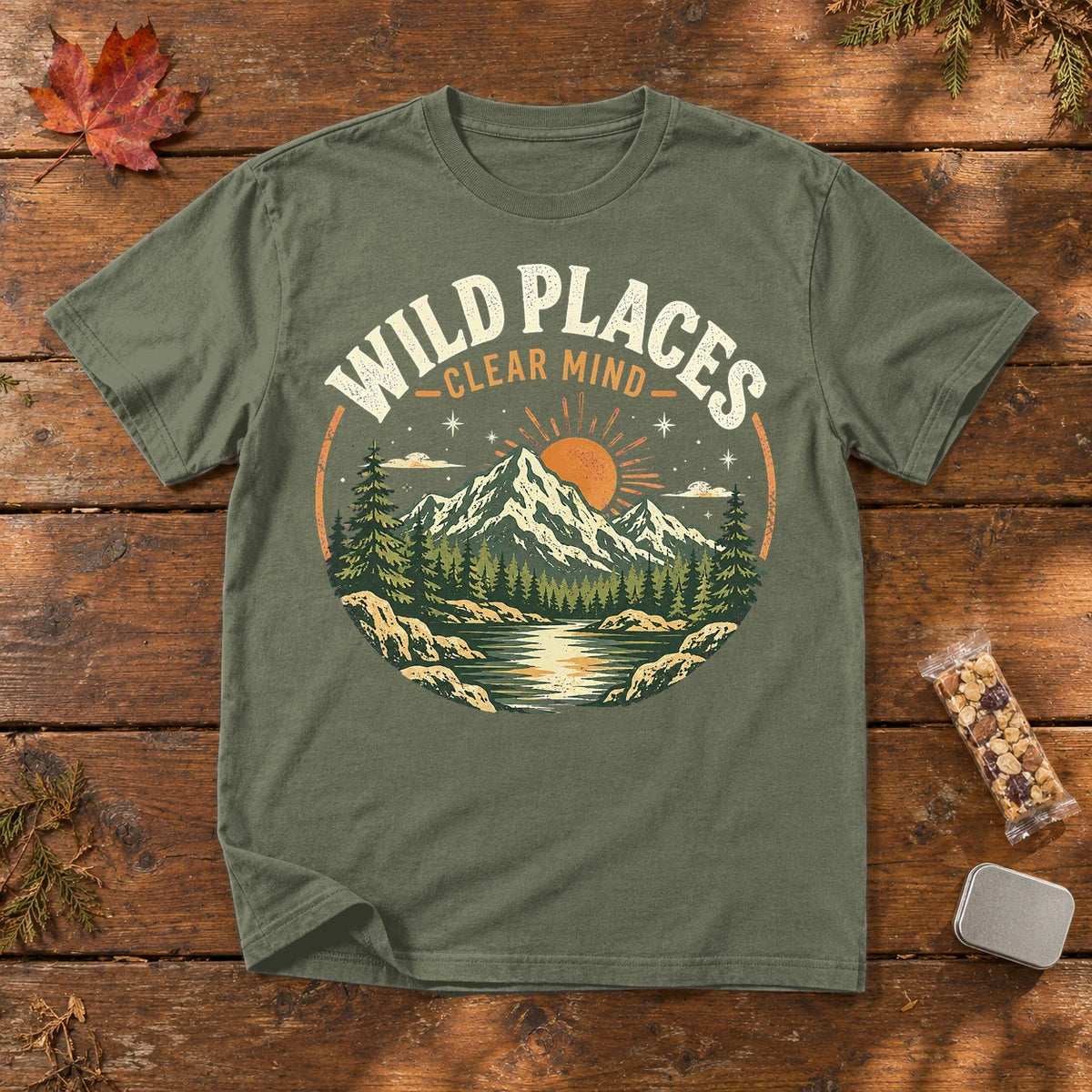 Wild Places Clear Mind Mountain Graphic Tee on Moss Premium Tee