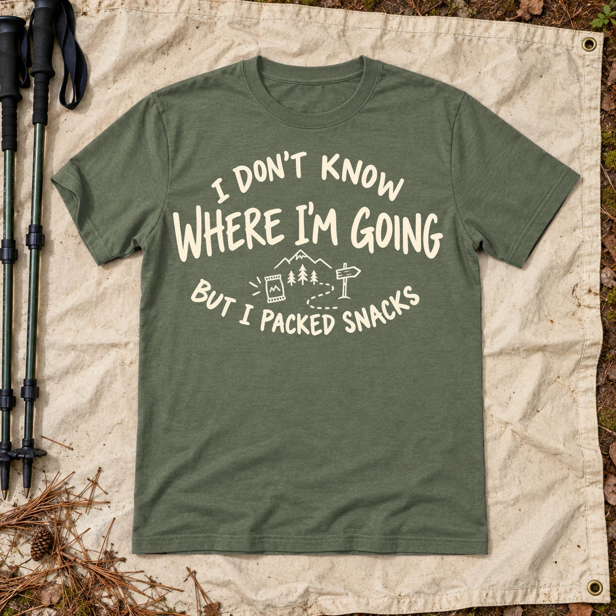 Packed Snacks Adventure Graphic Tee on Military Green Everyday Soft Tee
