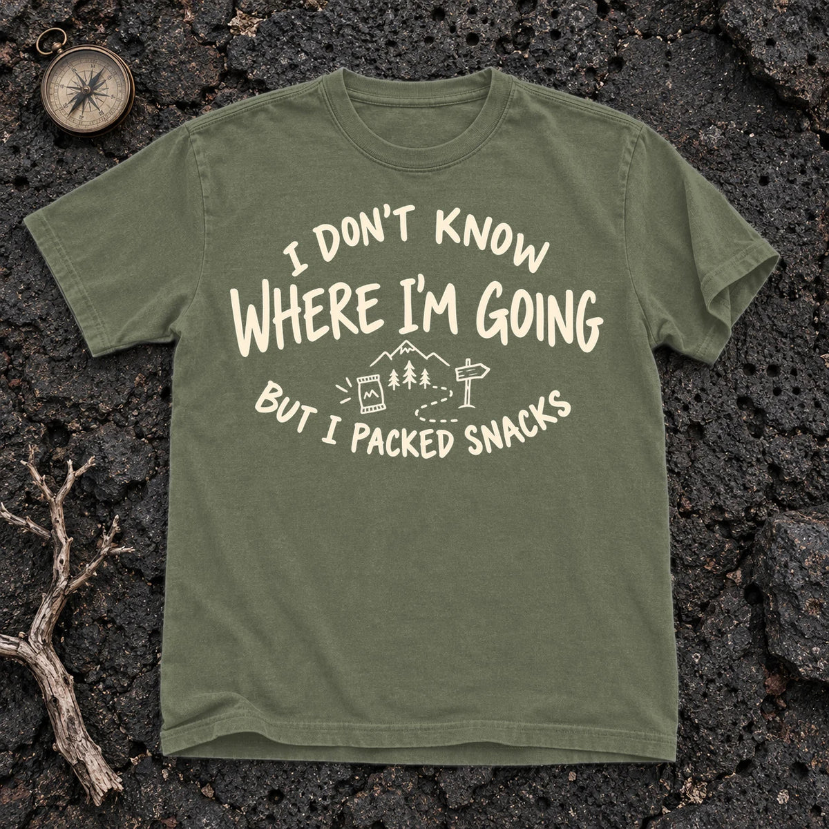Packed Snacks Adventure Graphic Tee on Moss Premium Tee