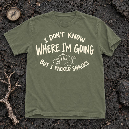 Packed Snacks Adventure Graphic Tee on Moss Premium Tee