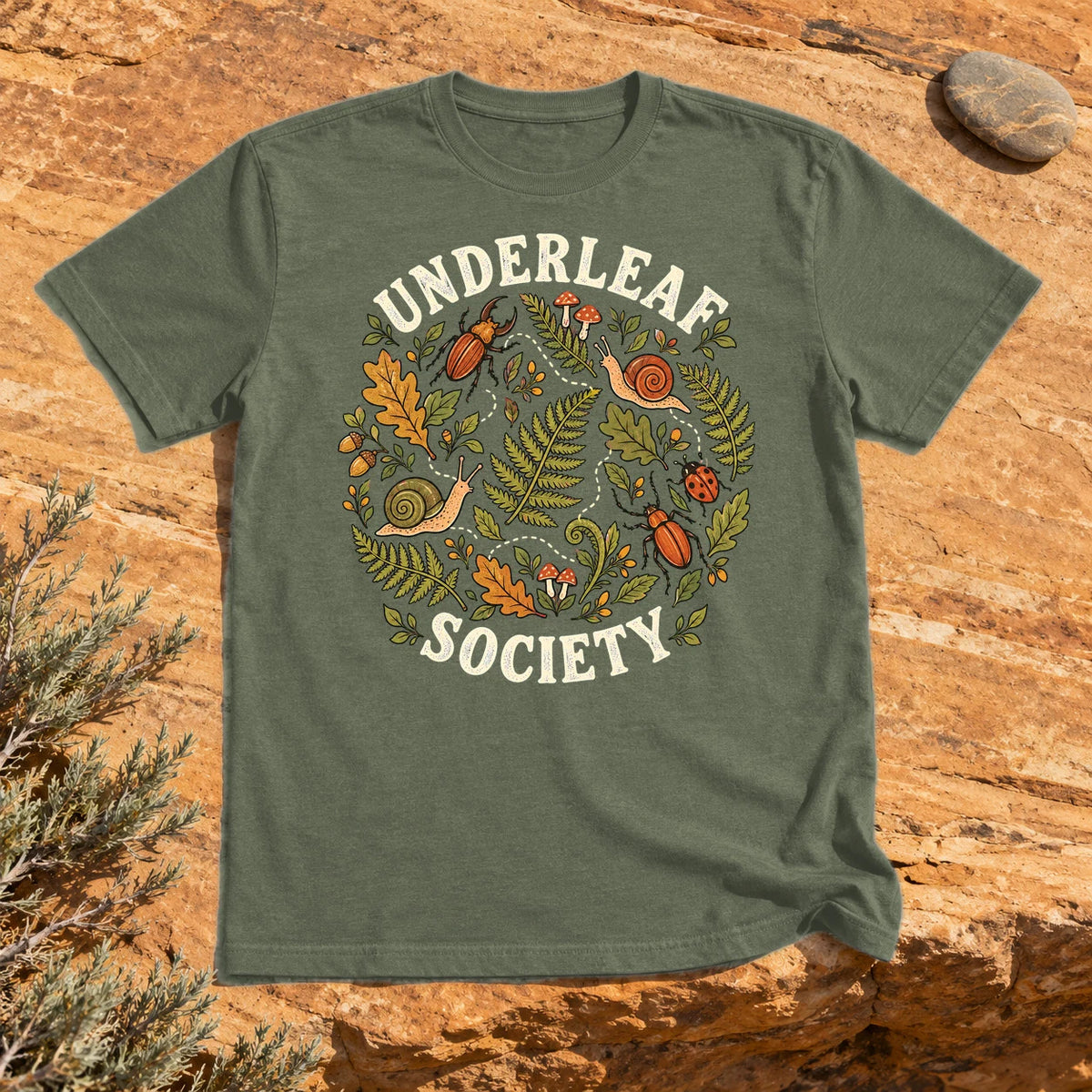 Underleaf Society Botanical Graphic Tee on Military Green Everyday Soft Tee