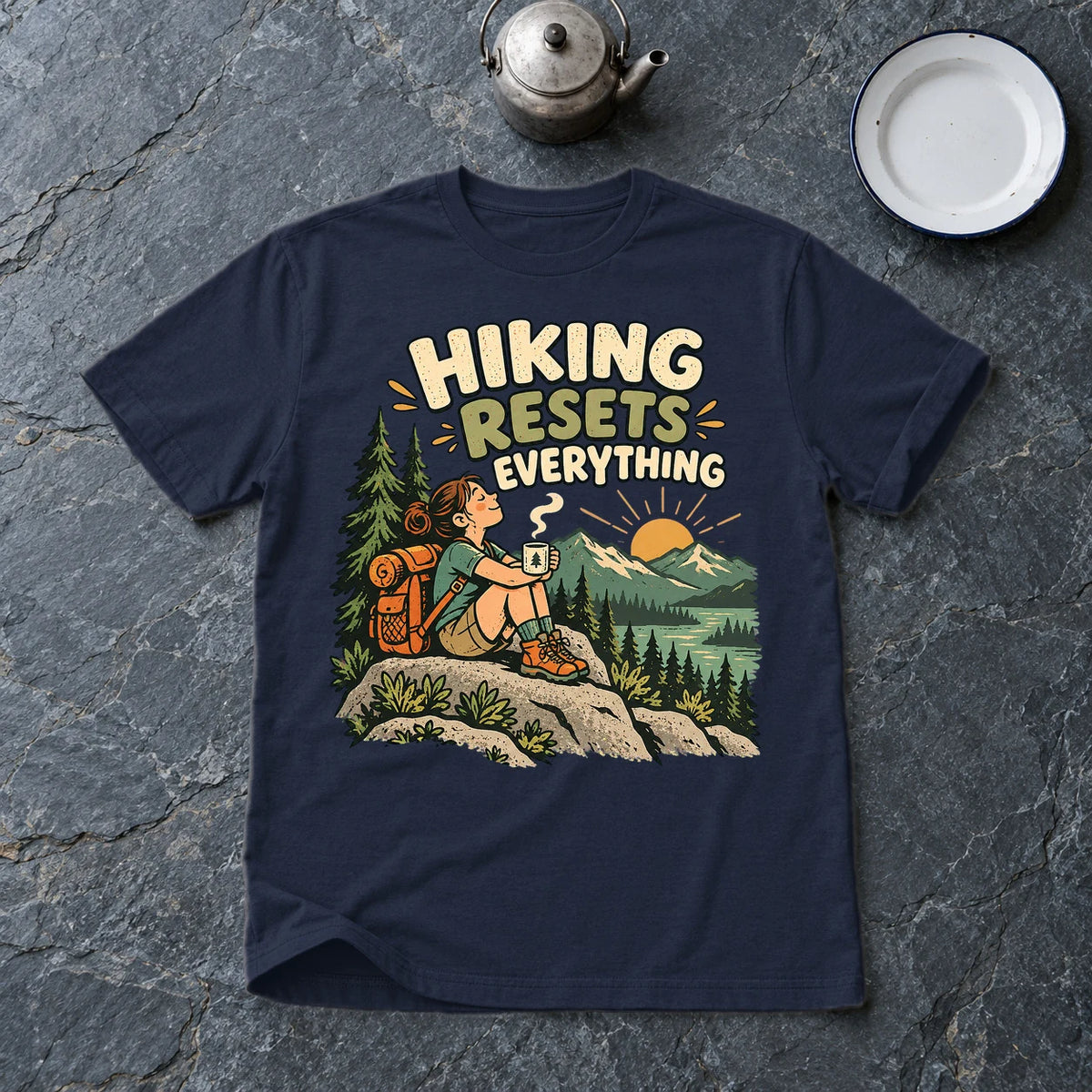 Hiking Resets Everything Graphic Tee on Navy Everyday Soft Tee