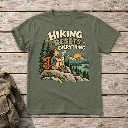 Hiking Resets Everything Graphic Tee on Military Green Everyday Soft Tee