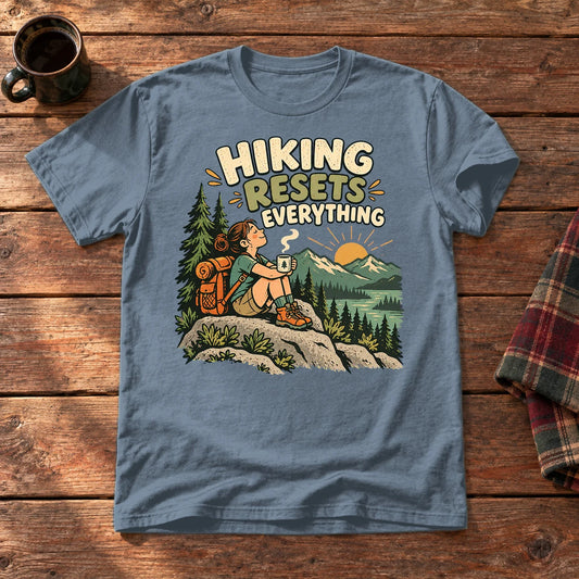 Hiking Resets Everything Graphic Tee on Heather Indigo Everyday Soft Tee