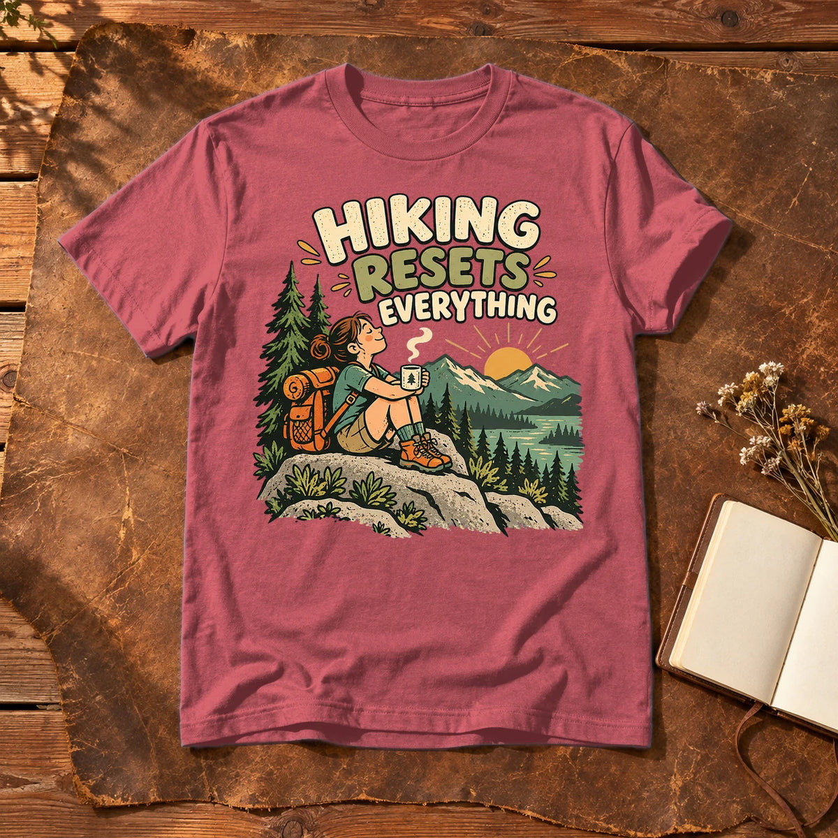 Hiking Resets Everything Graphic Tee on Heather Red Everyday Soft Tee