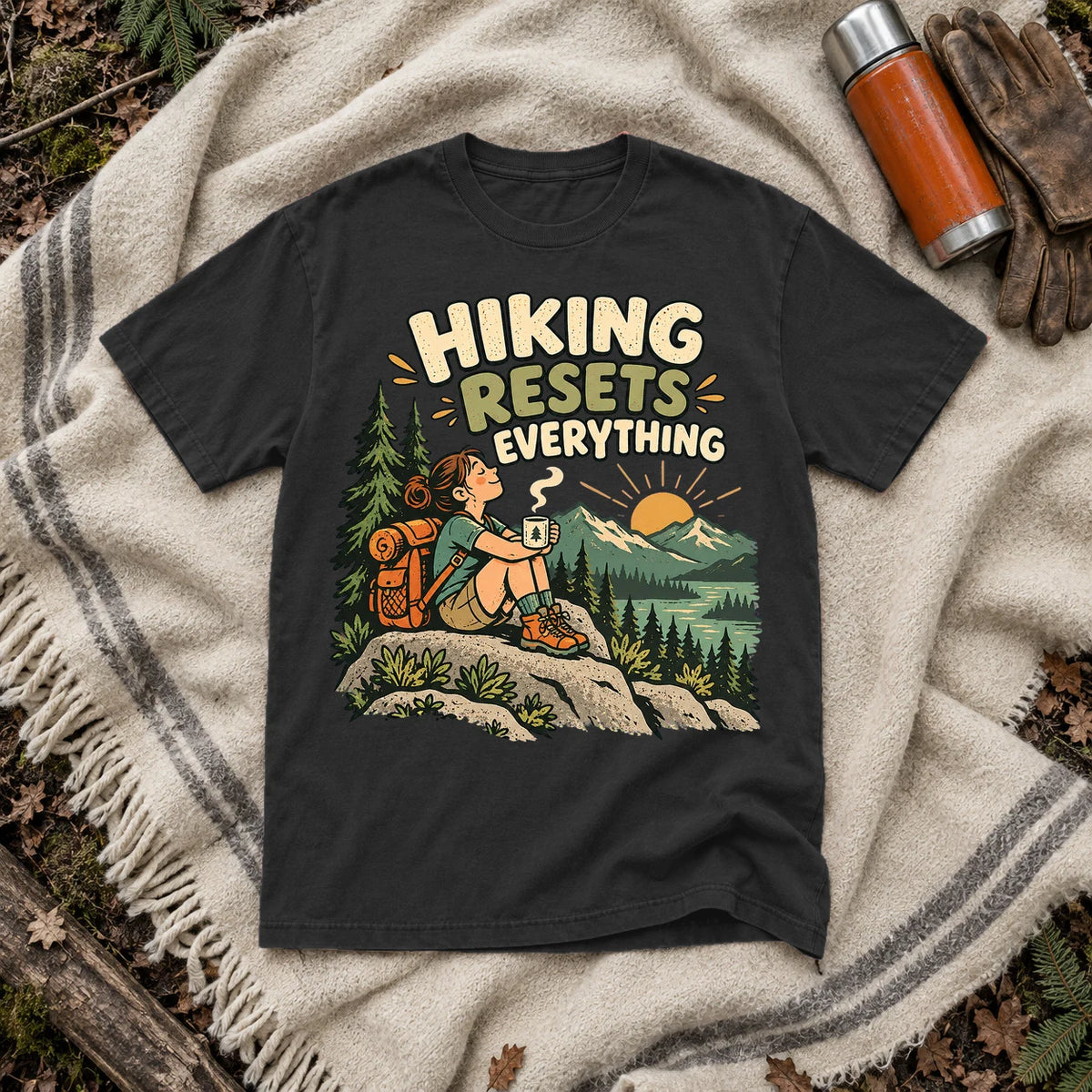 Hiking Resets Everything Graphic Tee on Black Premium Tee