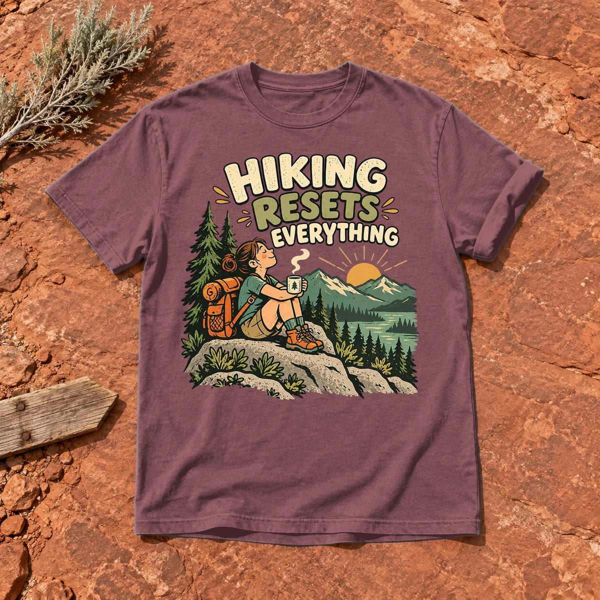 Hiking Resets Everything Graphic Tee on Brick Premium Tee
