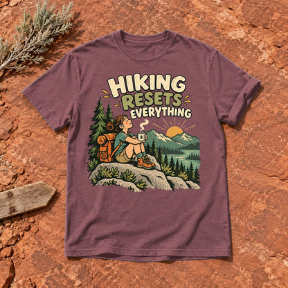 Hiking Resets Everything Graphic Tee on Brick Premium Tee