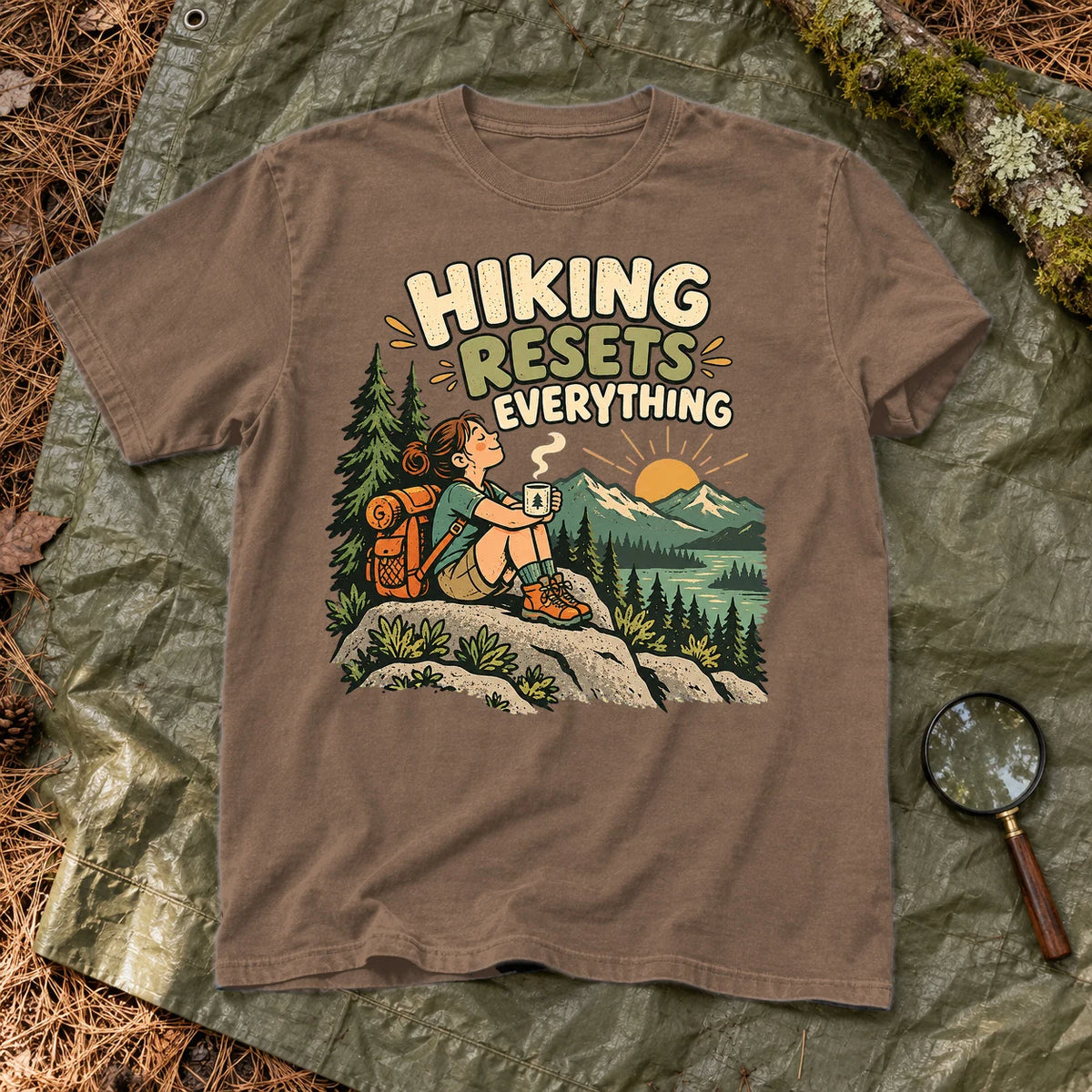 Hiking Resets Everything Graphic Tee on Espresso Premium Tee