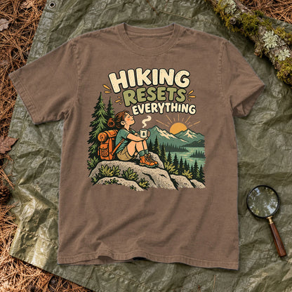 Hiking Resets Everything Graphic Tee on Espresso Premium Tee