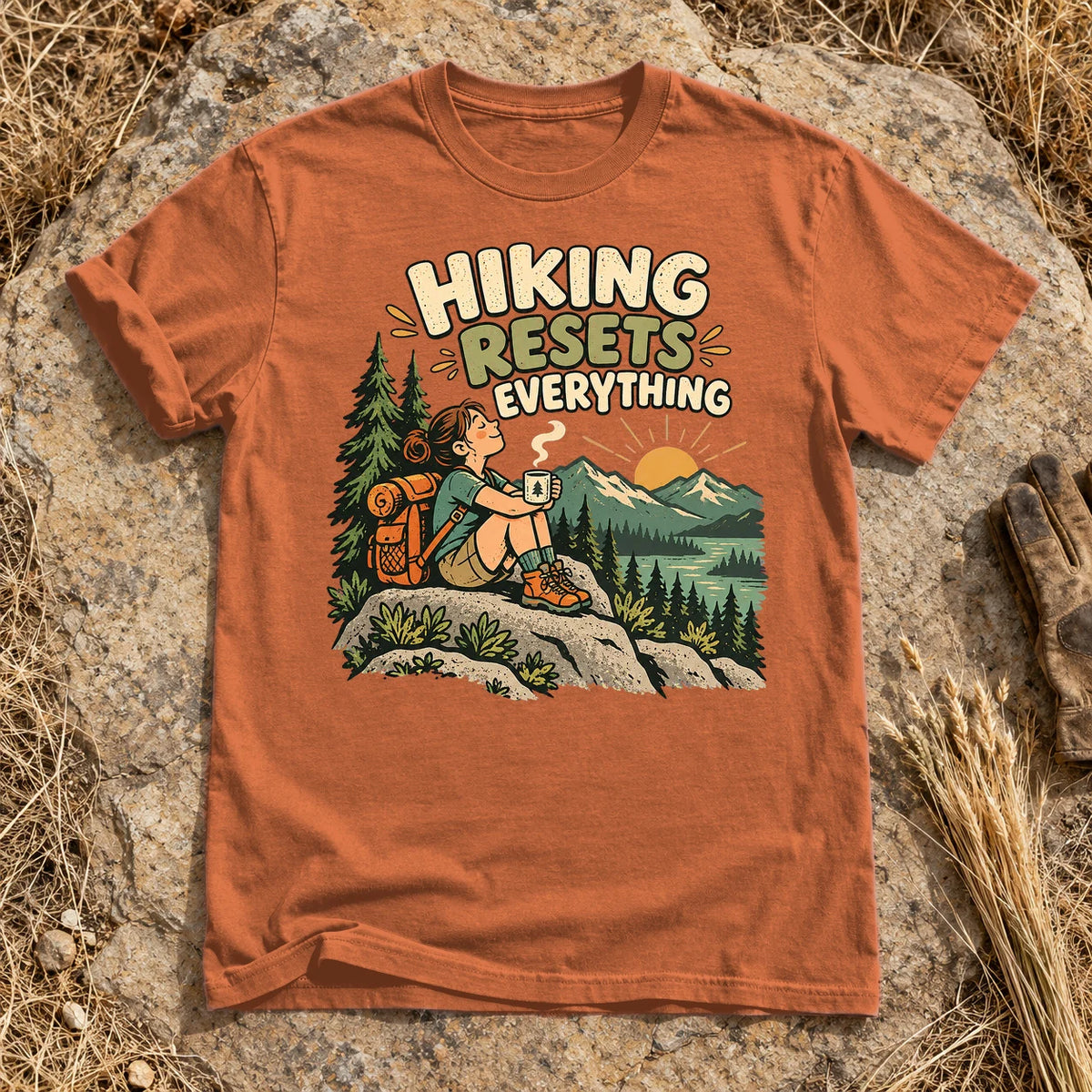 Hiking Resets Everything Graphic Tee on Yam Premium Tee