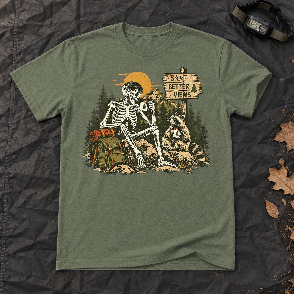 Better Views Skeleton Graphic Tee on Military Green Everyday Soft Tee