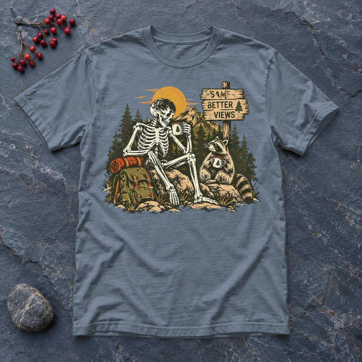 Better Views Skeleton Graphic Tee on Heather Indigo Everyday Soft Tee