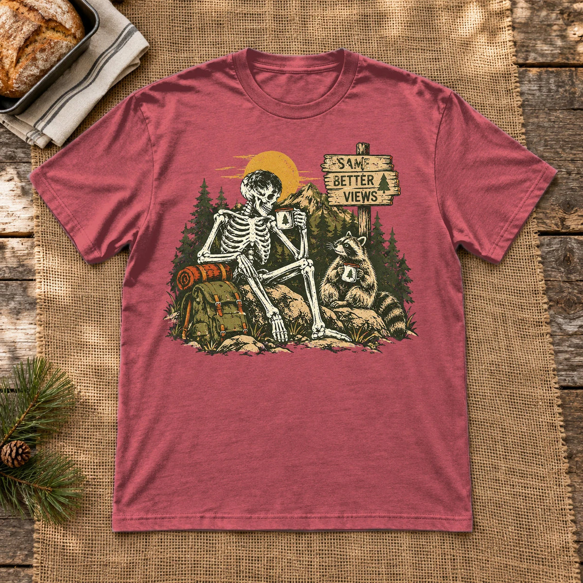 Better Views Skeleton Graphic Tee on Heather Red Everyday Soft Tee