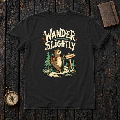 Wander Slightly Hiking Bear Graphic Tee on Black Everyday Soft Tee