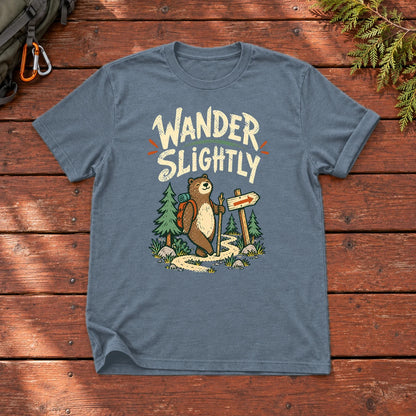 Wander Slightly Hiking Bear Graphic Tee on Heather Indigo Everyday Soft Tee