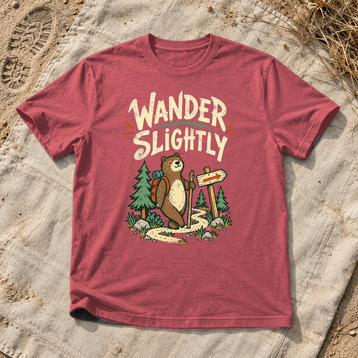 Wander Slightly Hiking Bear Graphic Tee on Heather Red Everyday Soft Tee