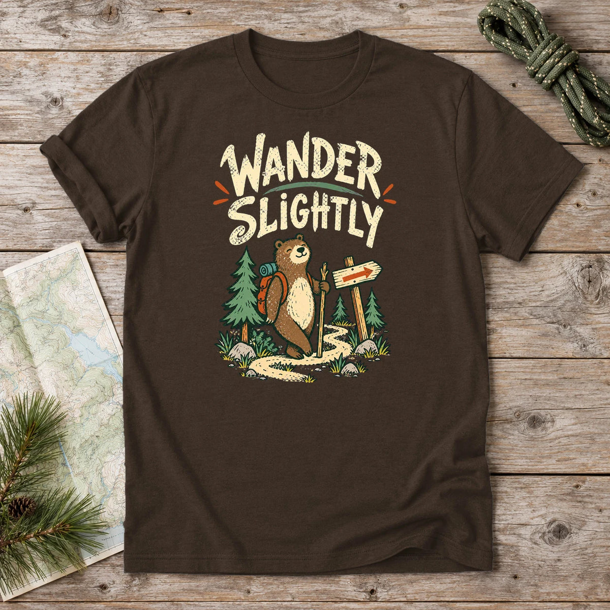 Wander Slightly Hiking Bear Graphic Tee on Dark Chocolate Everyday Soft Tee